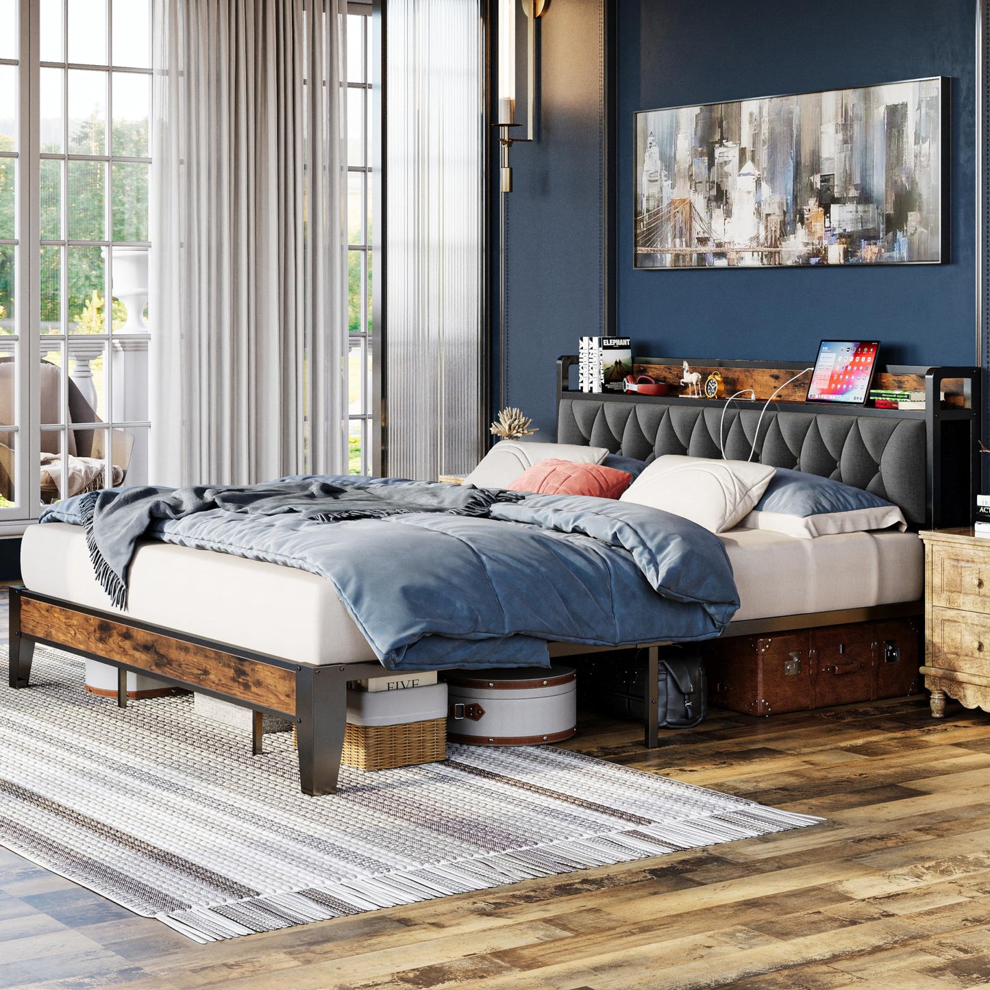 ANCTOR California King Bed Frames, Storage Headboard with Outlets, Easy to Install, Sturdy and Stable, No Noise, No Box Springs Needed - Perfect for a Good Night's Sleep