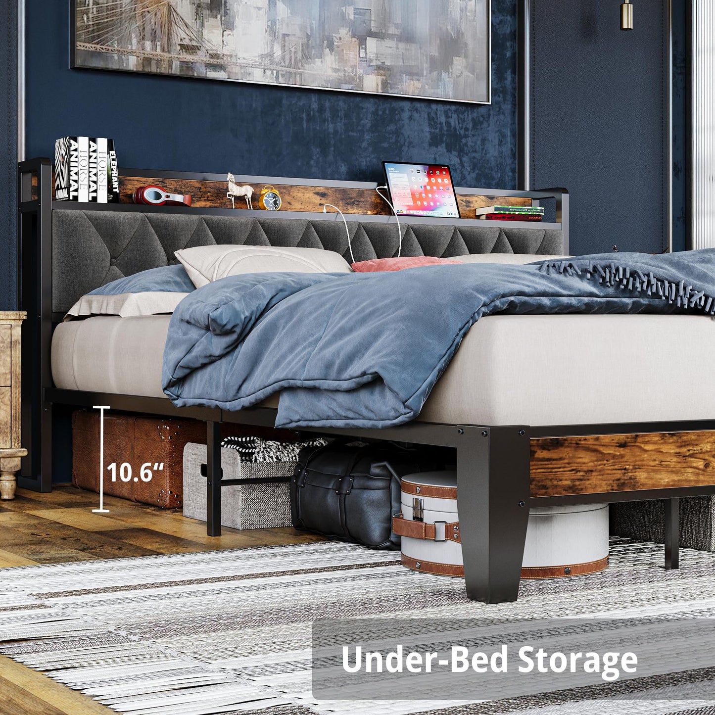 ANCTOR California King Bed Frames, Storage Headboard with Outlets, Easy to Install, Sturdy and Stable, No Noise, No Box Springs Needed - Perfect for a Good Night's Sleep