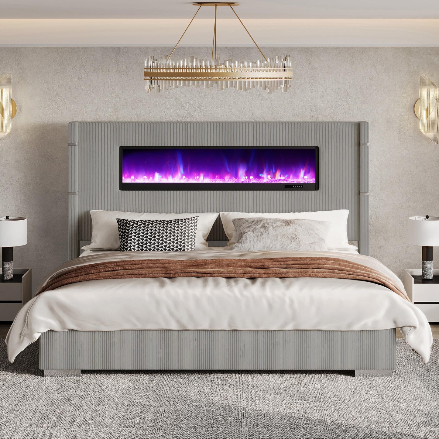 AMERLIFE Modern California King Size Bed Frame with Fireplace, Wingback Platform Bed Frame with 60.4“ Extra Tall Headboard, Corduroy Upholstered Bed Frame Wooden Slats/No Box Spring Needed, Greige