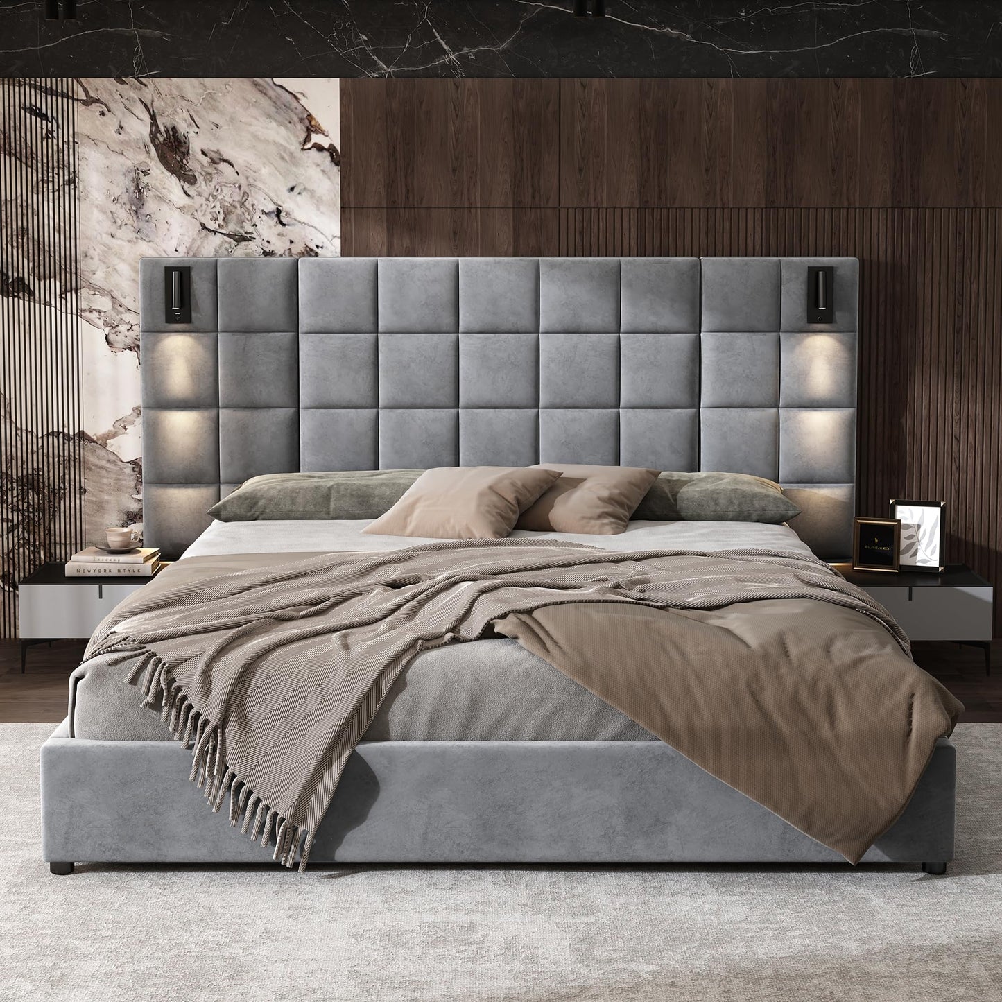 Merax California King Size Upholstered Velvet Bed Frame, with Wall Sconce and USB Port, Wide Headboard for Bedroom, (Without Bedside Tables & Mattress), Gray