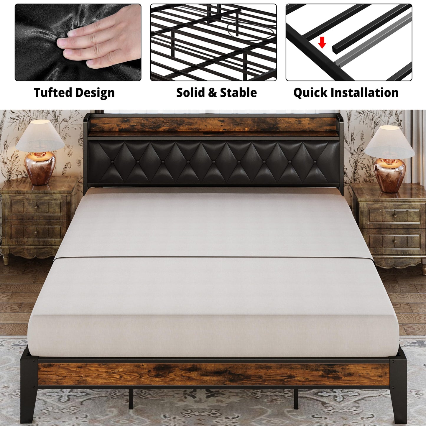 ANCTOR California King Bed Frames, Storage Headboard with Outlets, Easy to Install, Sturdy and Stable, No Noise, No Box Springs Needed, Rustic Brown and Black