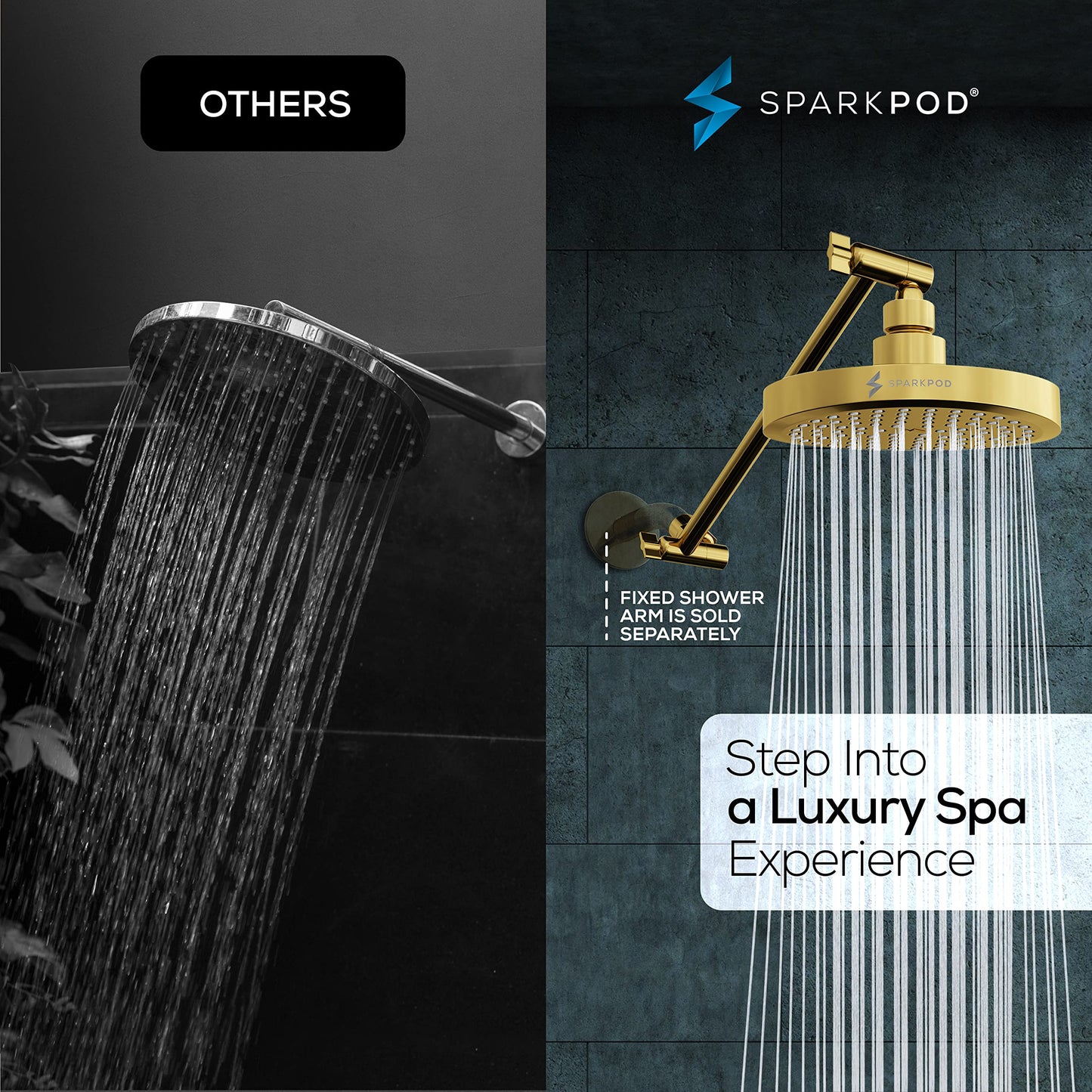 SparkPod Round Rain Shower Head with Extension Arm - Height Adjustable Shower Head with High Pressure Performance - Easy 1-Minute Installation (11" Arm Extension, Egyptian Gold)
