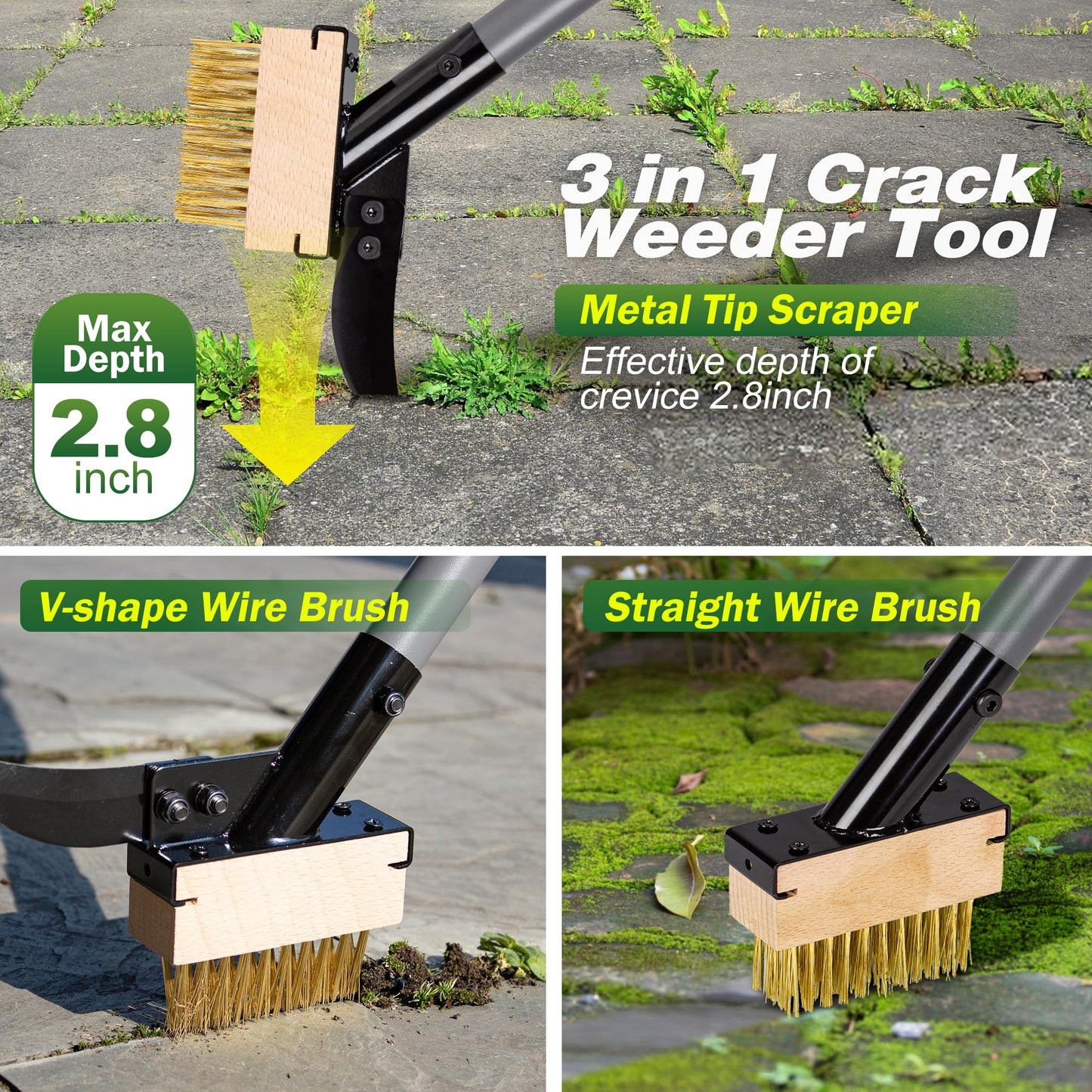 Walensee 3-in-1 Crack Weeder & Moss Remover Brush with 66.5-Inch Adjustable Handle, Weed Puller with 2 Replaceable Brush Heads and Scraper for Deck, Patio, Walkway, Driveway Crevice Cleaning Tool