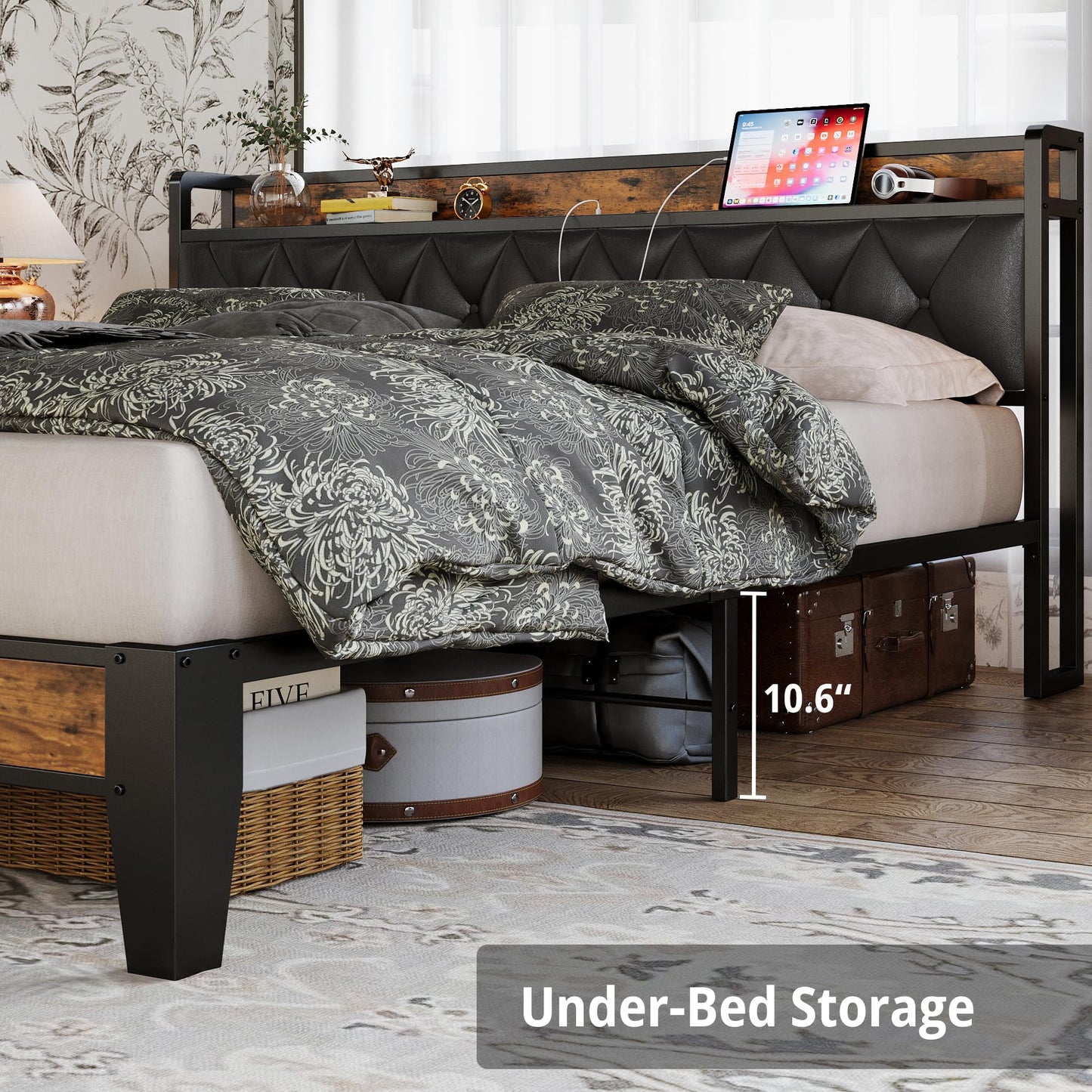ANCTOR California King Bed Frames, Storage Headboard with Outlets, Easy to Install, Sturdy and Stable, No Noise, No Box Springs Needed, Rustic Brown and Black