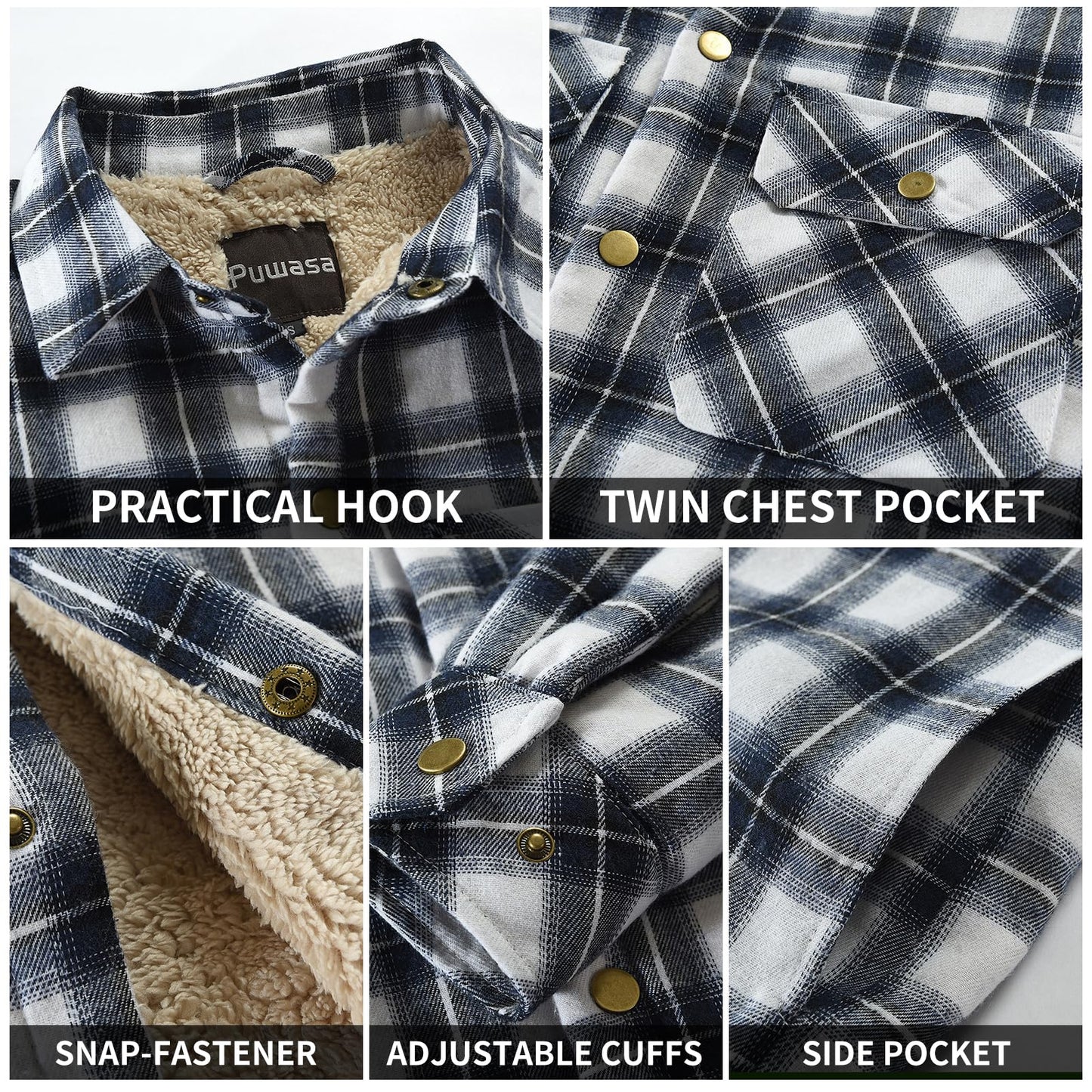 Puwasa Men's Lightweight Cotton Jacket Fleece Lined Flannel Jacket Button Up Shirts Long Sleeve Winter Coat Blue X-Large Tall
