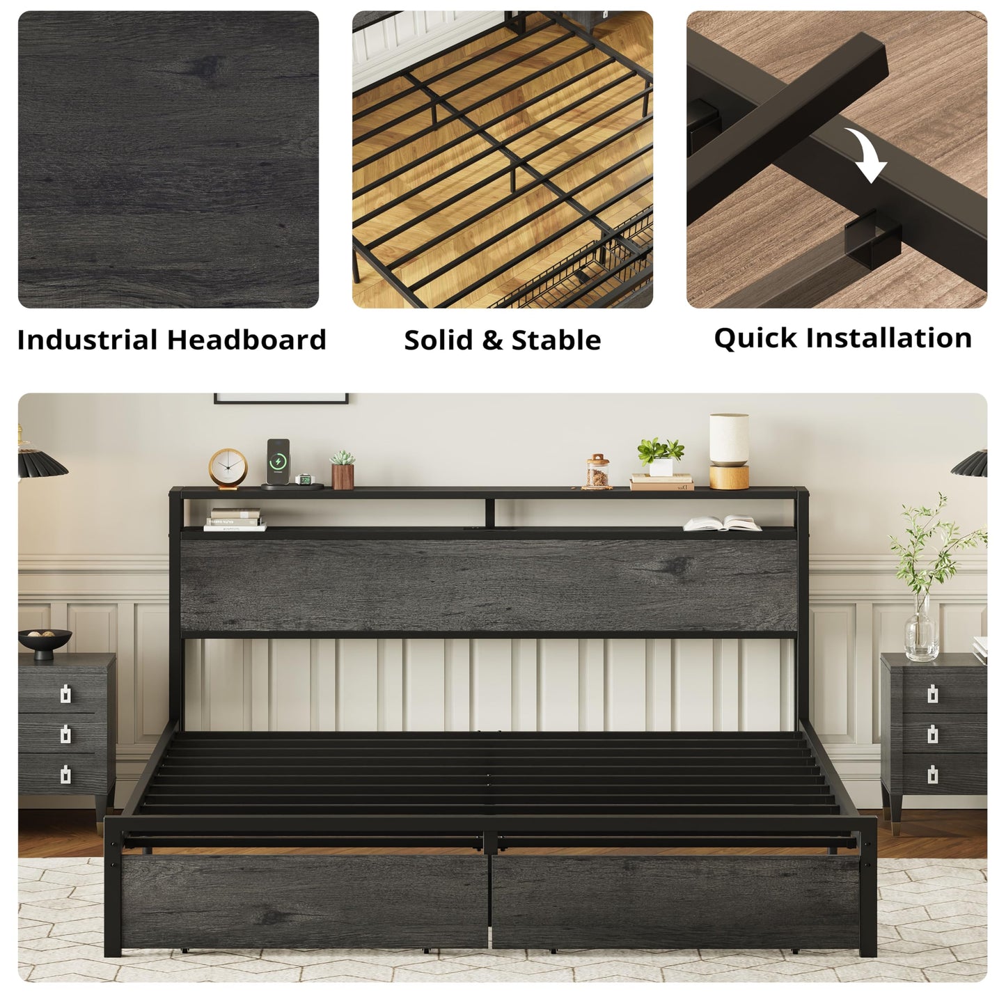 LIKIMIO California King Bed Frame with Storage Headboard, Platform Bed with Drawers and Charging Station, No Box Spring Needed, Easy Assembly, Charcoal Grey