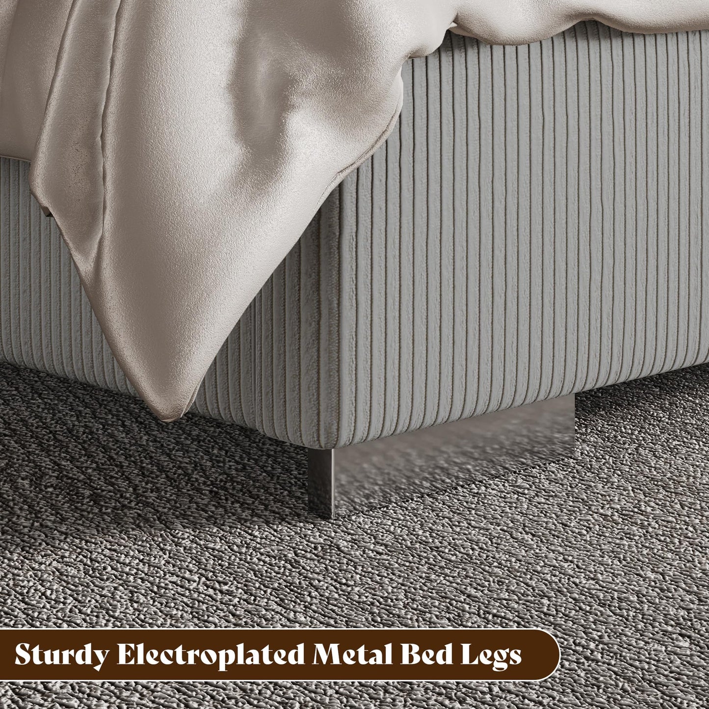 AMERLIFE Modern California King Size Bed Frame with Fireplace, Wingback Platform Bed Frame with 60.4“ Extra Tall Headboard, Corduroy Upholstered Bed Frame Wooden Slats/No Box Spring Needed, Greige