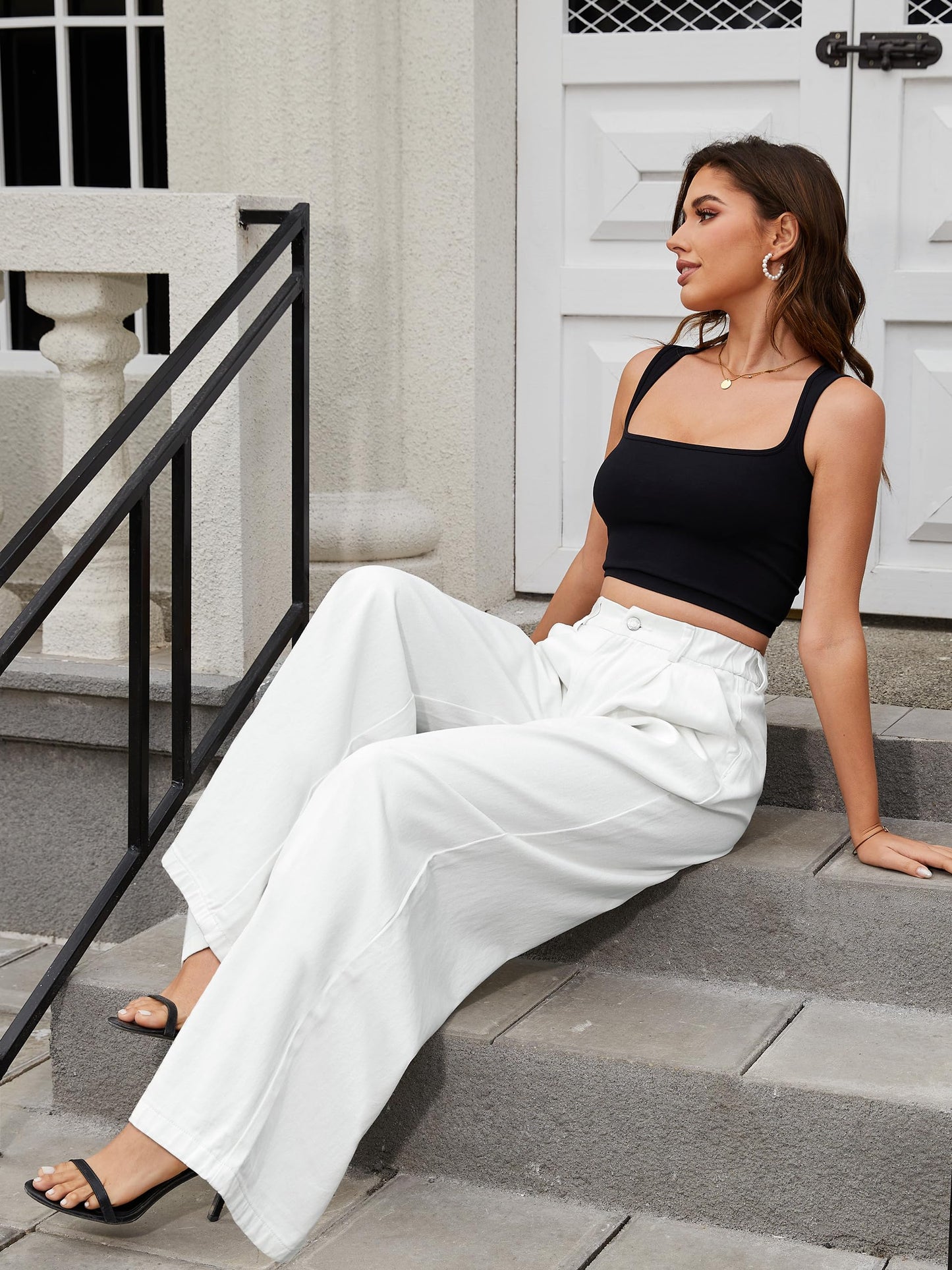 Tapata Women's 33" Inseam Tall Wide Leg Jeans High Waisted Baggy Denim Pants Palazzo Trousers, White, M