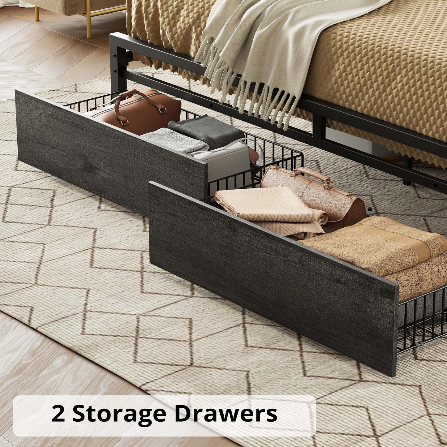 LIKIMIO California King Bed Frame with Storage Headboard, Platform Bed with Drawers and Charging Station, No Box Spring Needed, Easy Assembly, Charcoal Grey