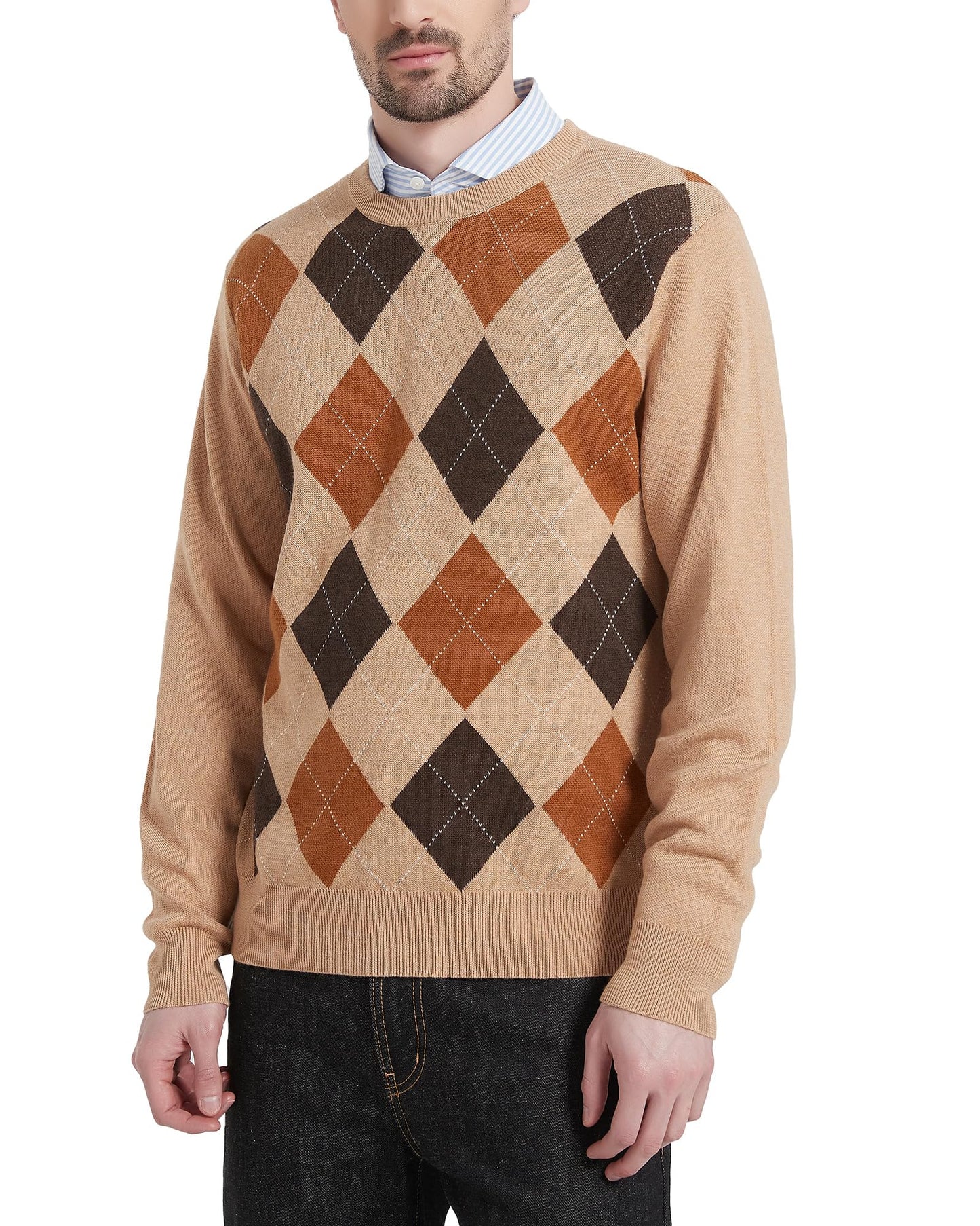 Kallspin Men's Wool Blend Crewneck Sweater Argyle Long Sleeve Pullover Sweater for Casual Or Dressy Wear(Khaki,L-Tall)