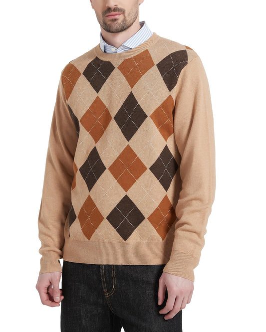 Kallspin Men's Wool Blend Crewneck Sweater Argyle Long Sleeve Pullover Sweater for Casual Or Dressy Wear(Khaki,L-Tall)