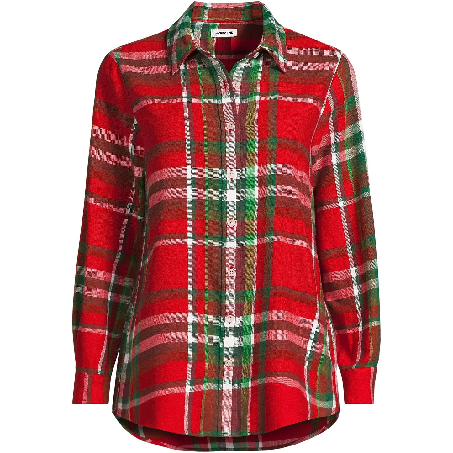 Lands' End Womens Flannel Boyfriend Long Sleeve Shirt Compass Red/Emerald Plaid Tall Medium
