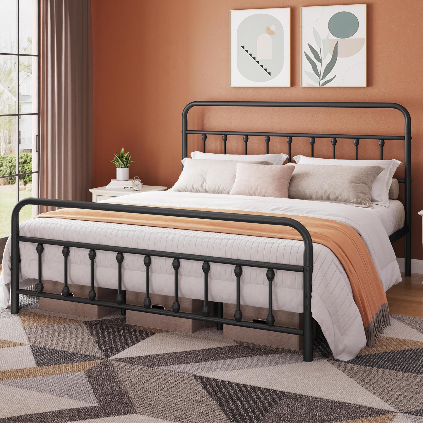 Topeakmart California King Size Victorian Style Metal Bed Frame with Headboard/Mattress Foundation/No Box Spring Needed/Under Bed Storage/Strong Slat Support Black