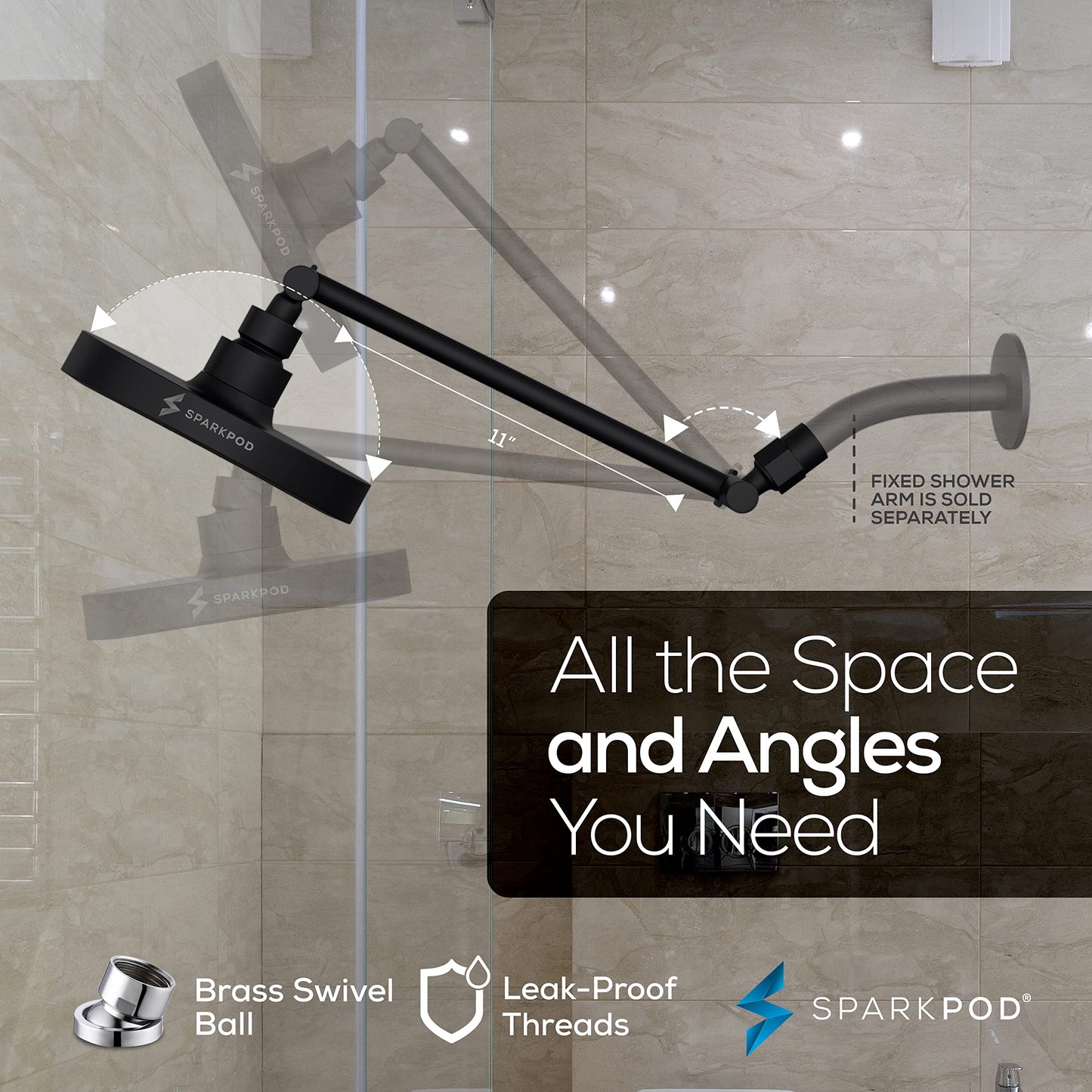 SparkPod Round Rain Shower Head with Extension Arm - Height Adjustable Shower Head with High Pressure Performance - Easy 1-Minute Installation (11" Arm Extension, Midnight Black Matte)