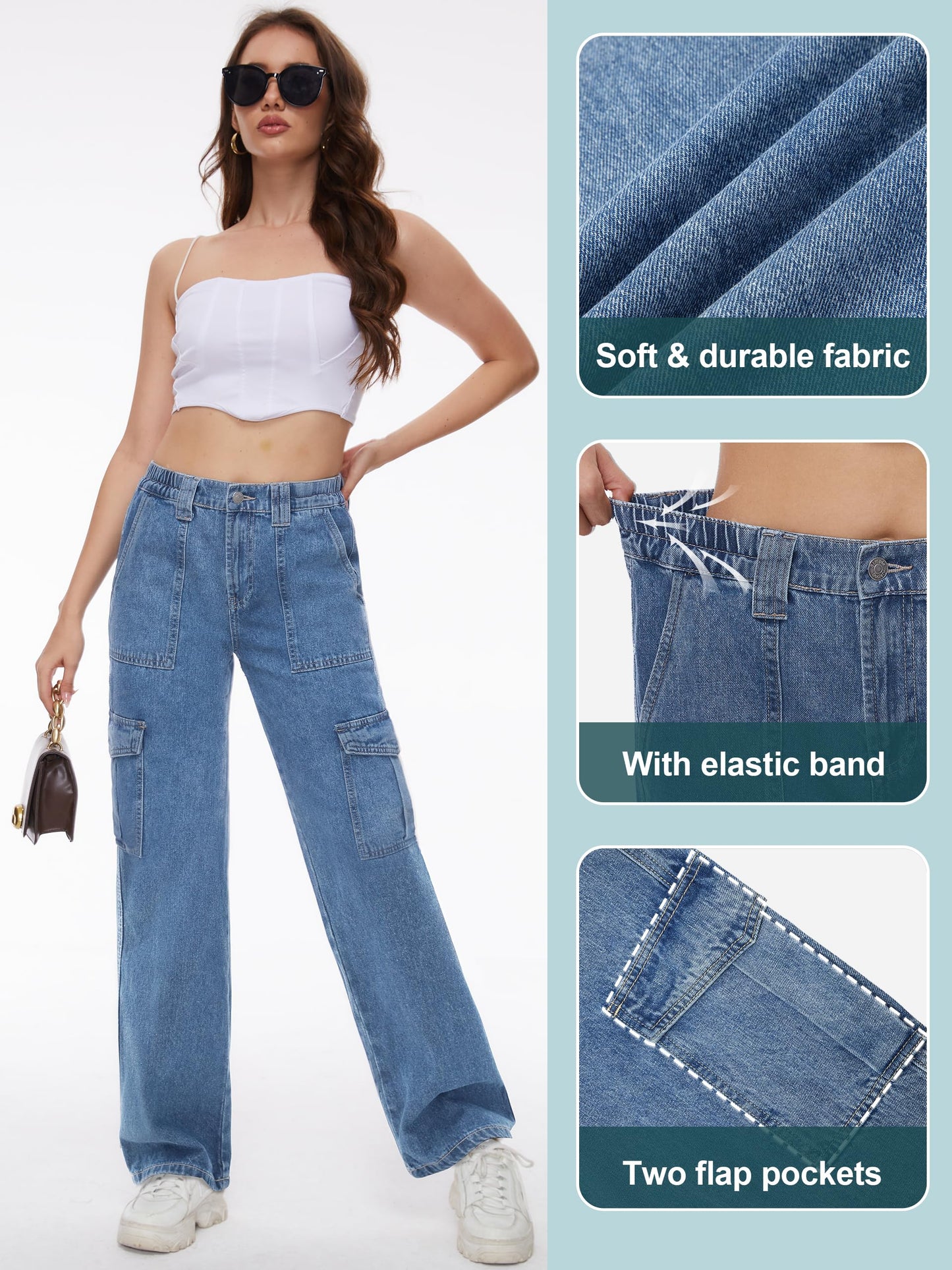 Tapata Women's 26"/28"/30"/32"/34" Cargo Jeans Straight Leg Short Petite Regular Tall Denim Relaxed Y2K Pants Blue, M