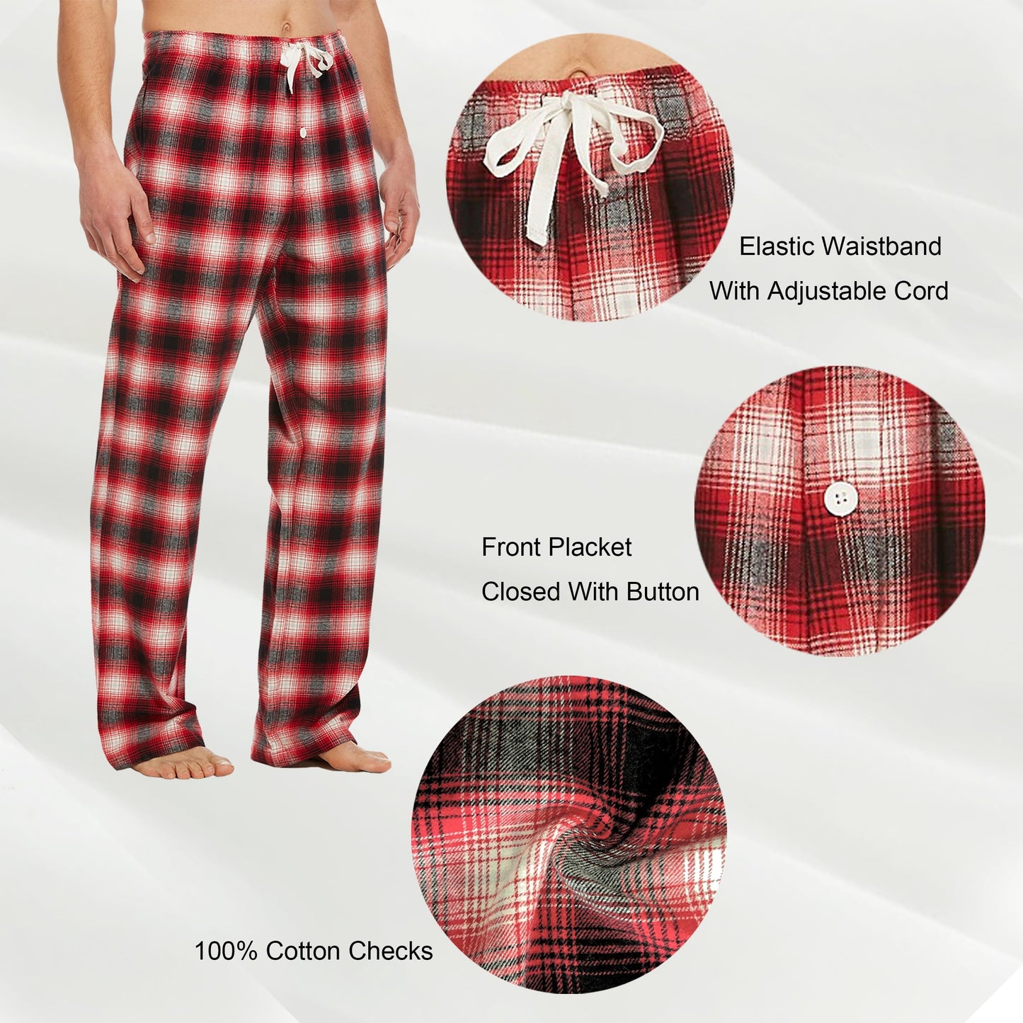 Tall MobPlace Mens 34/36 Inseam 100% Cotton Pajama Pants for Tall Men Red/Black