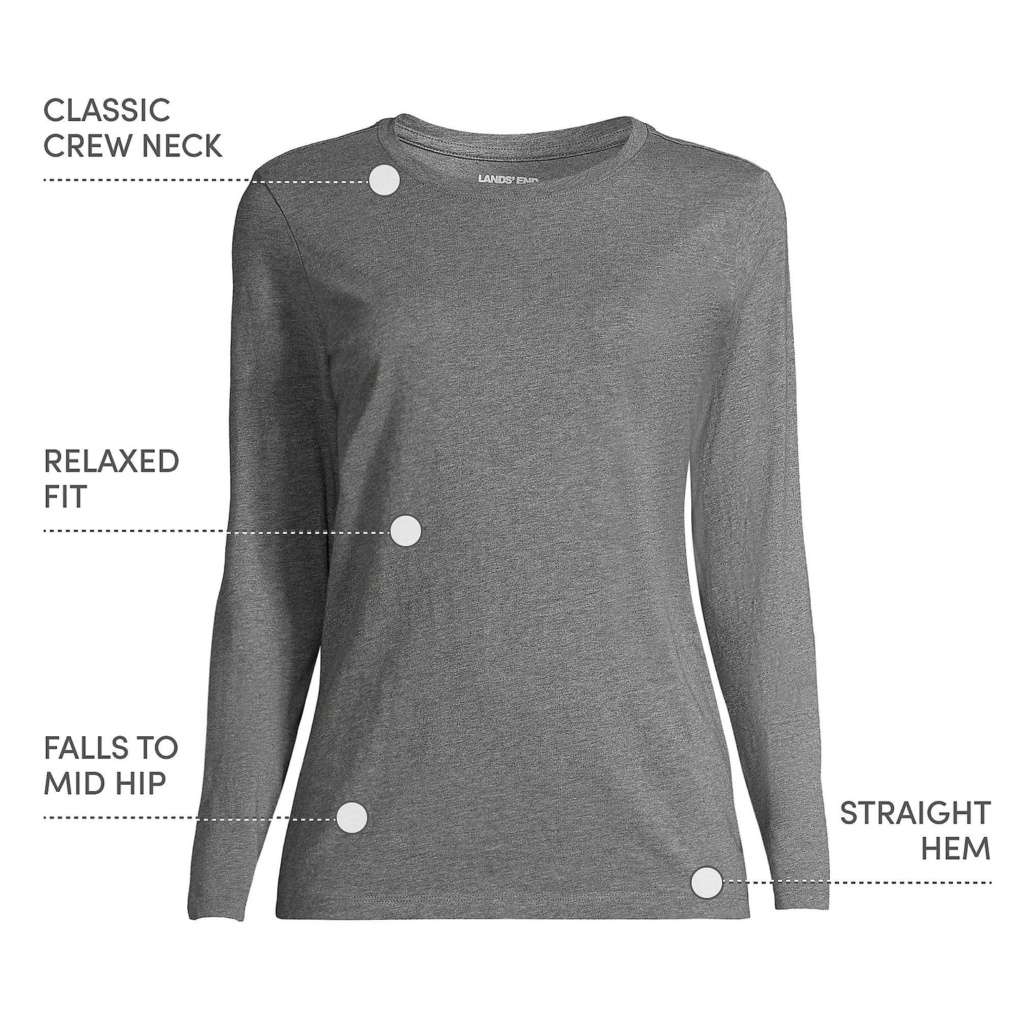 Lands' End Womens Long Sleeve Relaxed Supima Cotton Crew Neck T Shirt Charcoal Heather Tall Large