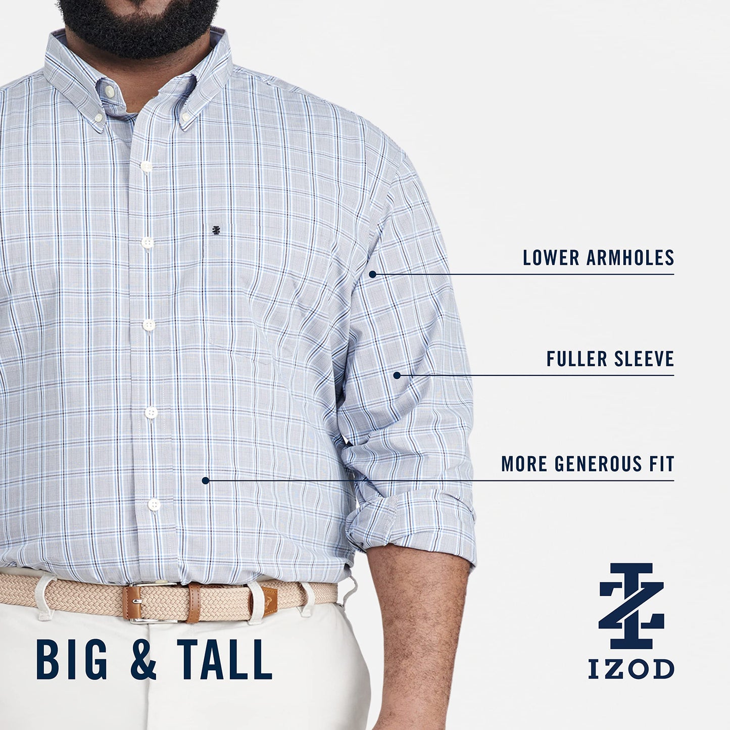 IZOD Men's Big Performance Comfort Long Sleeve Gingham Button Down Shirt, Mazarine Blue, X-Large Tall