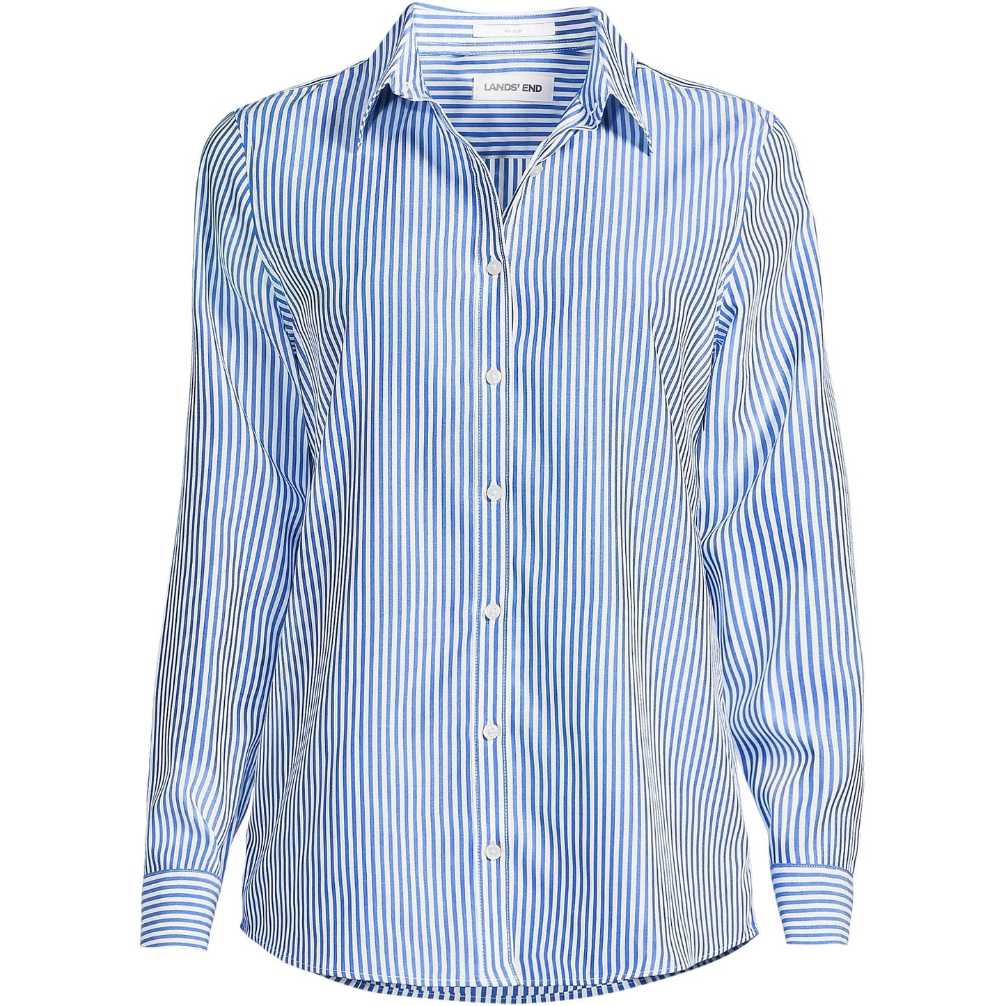 Lands' End Womens LS No Iron Button Front Shirt Vibrant Lapis/ice Blue Stripe Tall 10