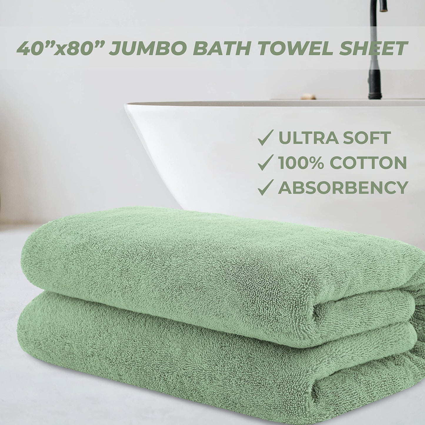 Cotton Paradise 100% Cotton 40x80 Oversized Bath Sheet, Extra Large Turkish Bath Towels for Bathroom, Sage Green Bathsheet