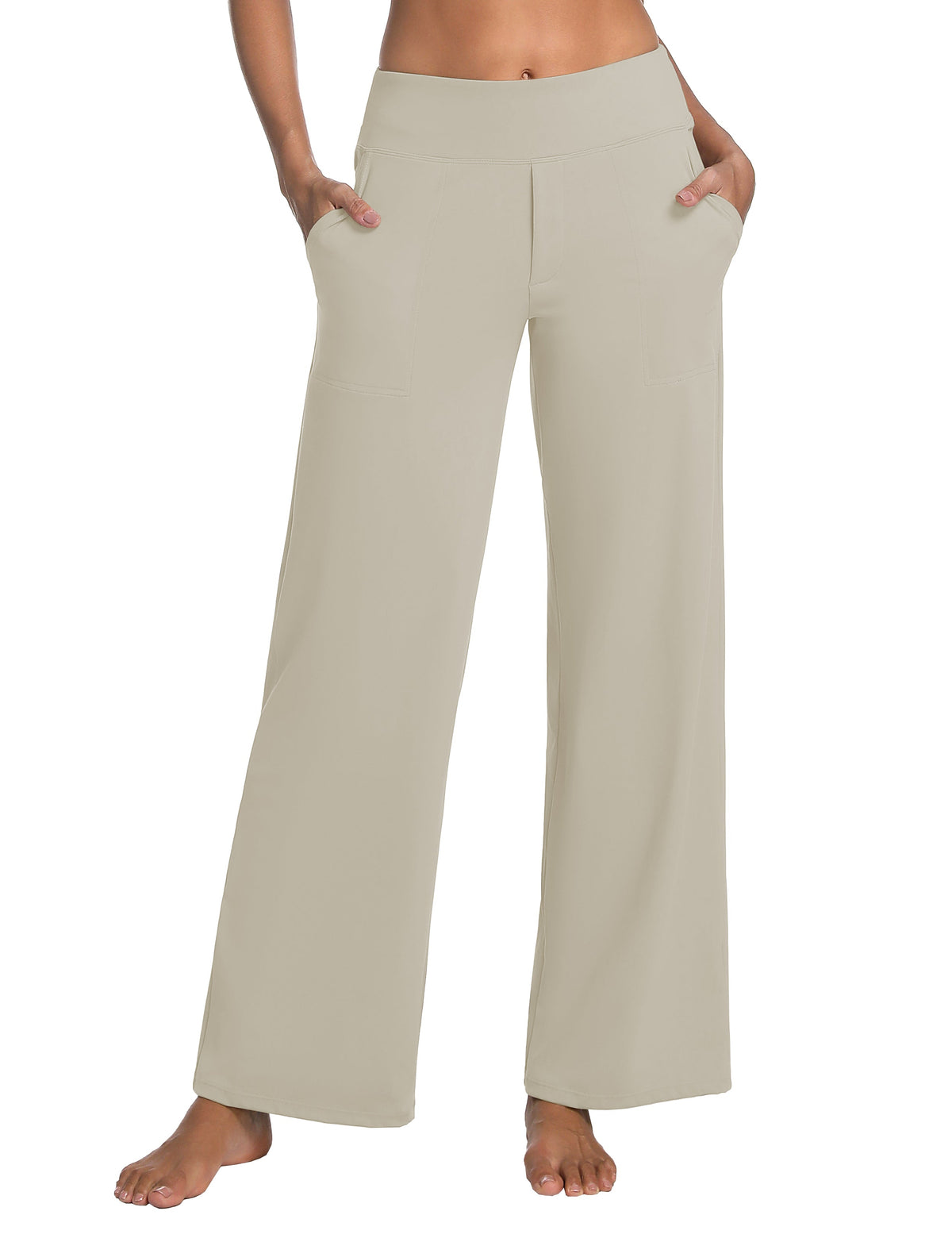 High Waist Wide Leg Yoga Pants with Pockets, Stretch Casual, 29"–37" Inseam - Apricot