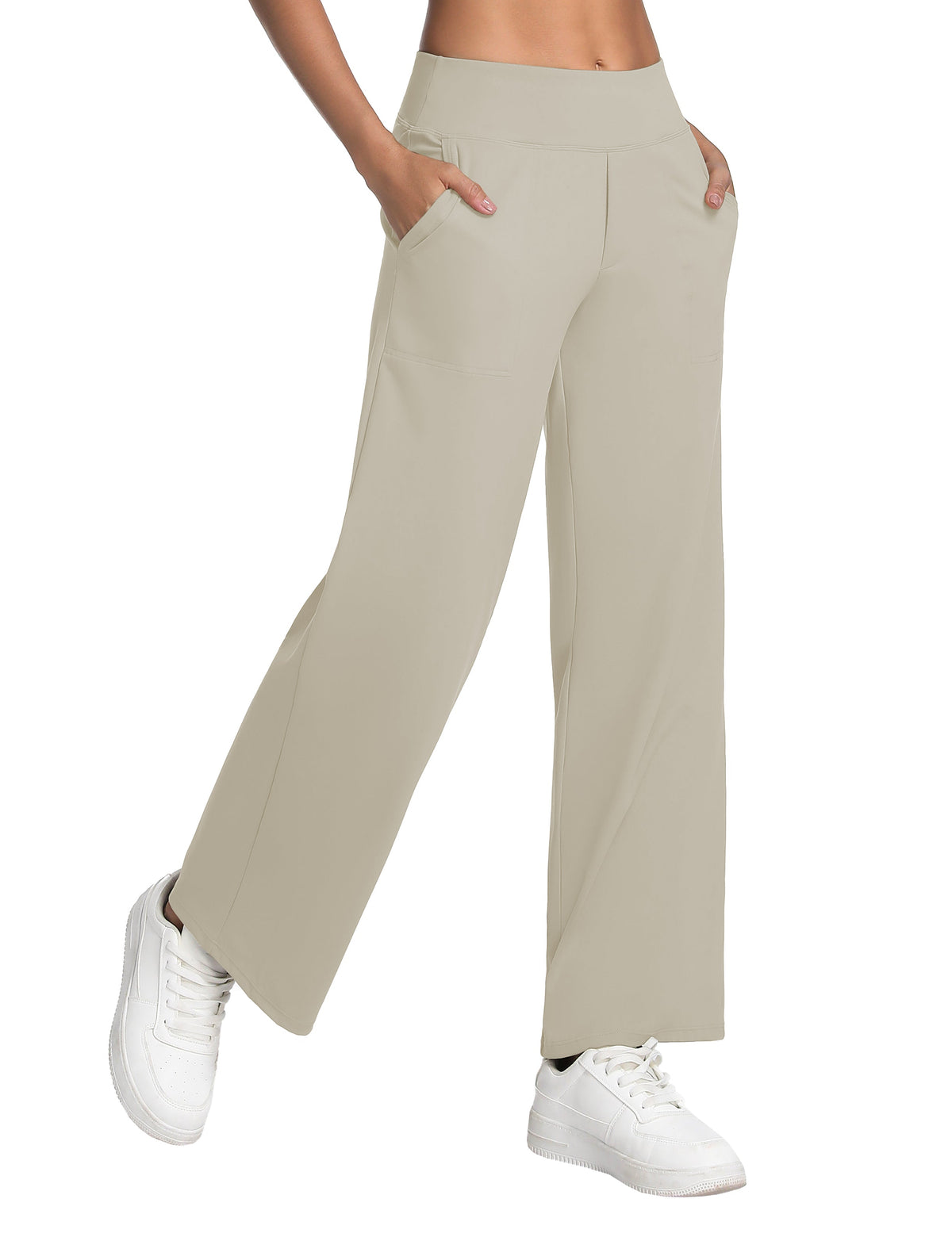 High Waist Wide Leg Yoga Pants with Pockets, Stretch Casual, 29"–37" Inseam - Apricot