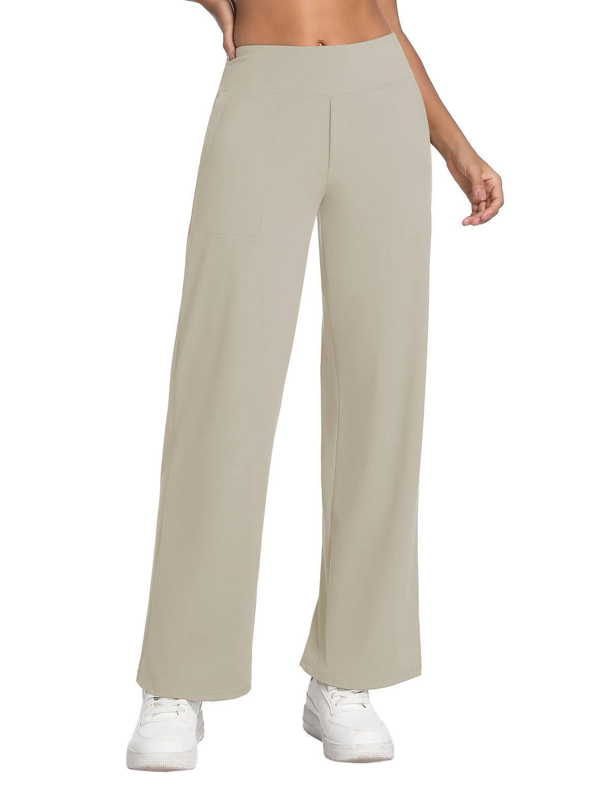 High Waist Wide Leg Yoga Pants with Pockets, Stretch Casual, 29"–37" Inseam - Apricot