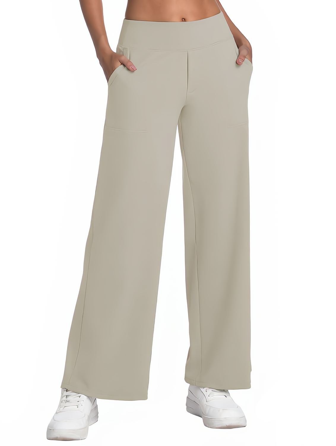 High Waist Wide Leg Yoga Pants with Pockets, Stretch Casual, 29"–37" Inseam - Apricot