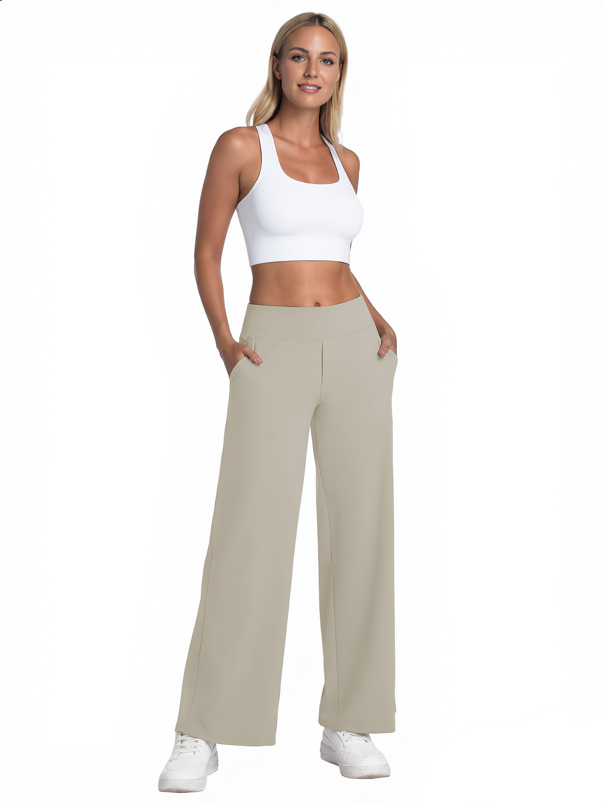 High Waist Wide Leg Yoga Pants with Pockets, Stretch Casual, 29"–37" Inseam - Apricot