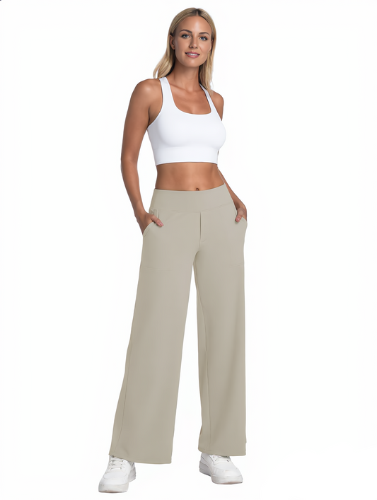 High Waist Wide Leg Yoga Pants with Pockets, Stretch Casual, 29"–37" Inseam - Apricot